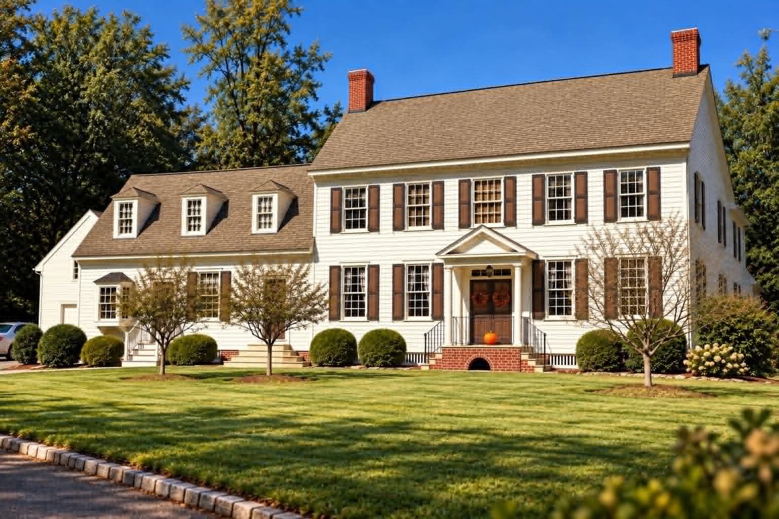 A white clapboard colonial house with dark brown shutters, two brick chimneys and a columned front door with brick steps, a side wing with dormer windows, framed by mature trees and a wide green lawn