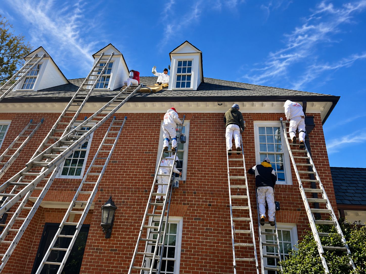 A crew of painters in white coveralls working from tall ladders on the brick walls, trim and dormer windows of a large house under a blue sky