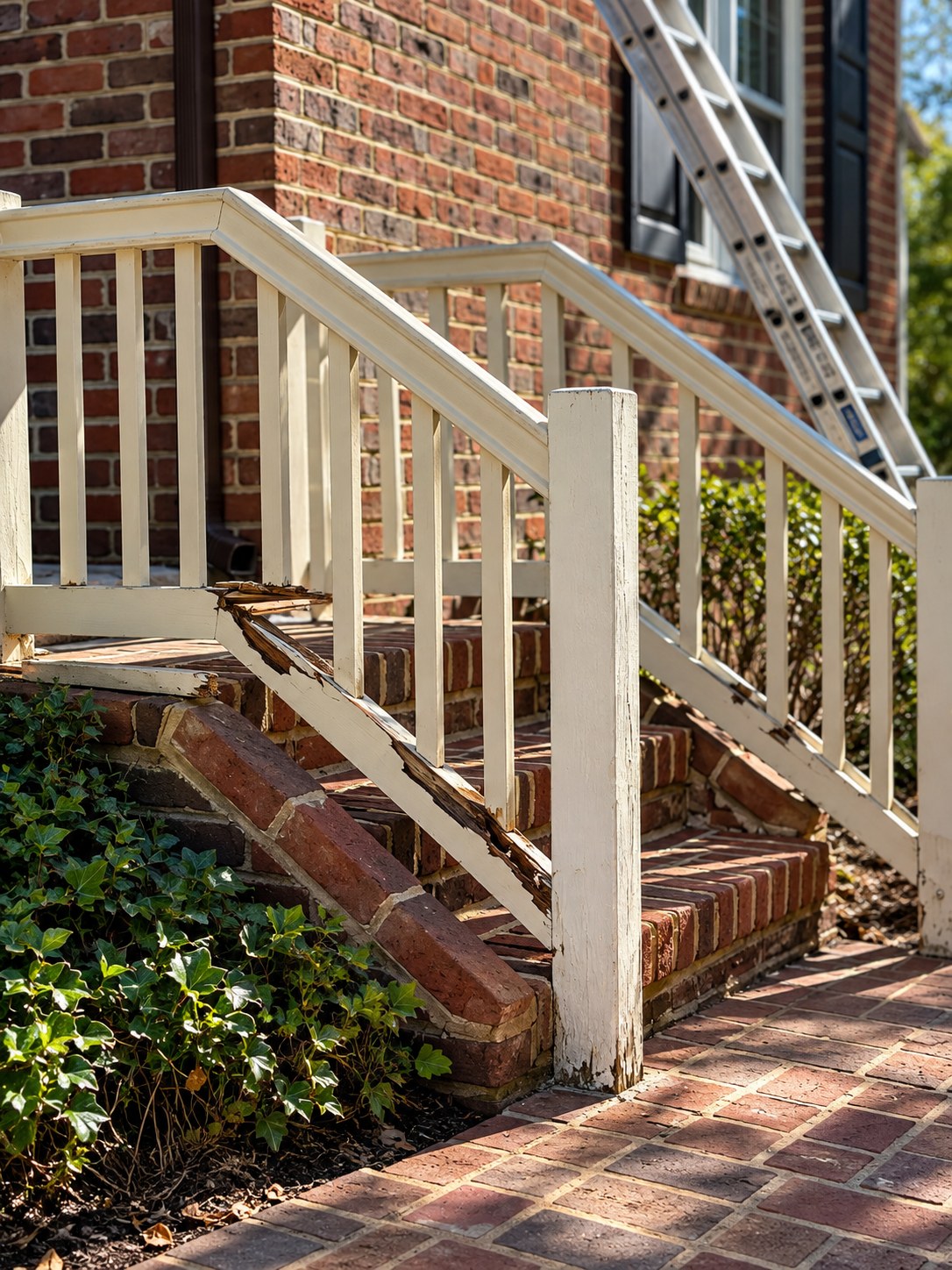 A white painted stair railing on a brick stoop, its lower rail split and rotted with the paint peeling away to show dark decayed wood, beside brick steps with a ladder leaning on the red brick wall